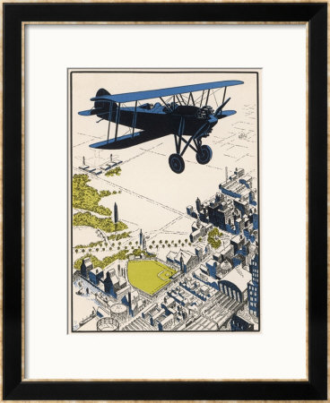 Good Visibility!, An American Two-Seater Biplane Flies Over A Town by Edward Shenton Pricing Limited Edition Print image