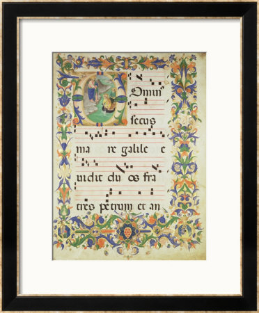 Page Of Choral Music With Historiated Initial O Depicting The Calling Of St. Peter And St. Andrew by Zanobi Di Benedetto Strozzi Pricing Limited Edition Print image