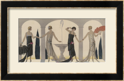 Sensually Draped Dresses With Narrow Beaded Straps Square Necklines And Detailing Over One Hip by Georges Barbier Pricing Limited Edition Print image