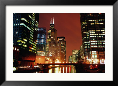 Chicago River And Downtown Buildings At Night, Chicago, United States Of America by Richard Cummins Pricing Limited Edition Print image