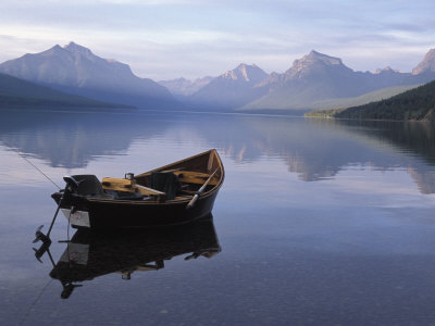 View Of Empty Boat On Mcdonald Lake, Glacier National Park, Montana by Oote Boe Pricing Limited Edition Print image
