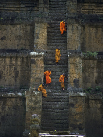 Monks Coming Down Stair, Cambodia by Jean-Dominique Martin Pricing Limited Edition Print image
