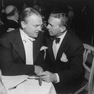 Actor James Cagney Chats With Actor Comedian George Burns Seated For A Post Oscar Dinner by Ed Clark Pricing Limited Edition Print image