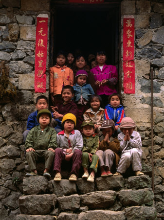 Village Children Sitting On Steps, Kaili, China by Keren Su Pricing Limited Edition Print image