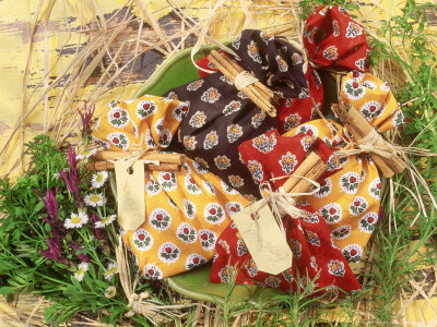 Provencale Style Patterned Cloth Herb Bags, In Bowl Amongst Sprigs Of Herbs, Cinnamon Bark Bundles by Linda Burgess Pricing Limited Edition Print image