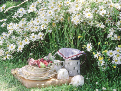 Wooden Tray With Cups, Saucers, Plates, Fruit, Jug Chrysanthemums by Linda Burgess Pricing Limited Edition Print image