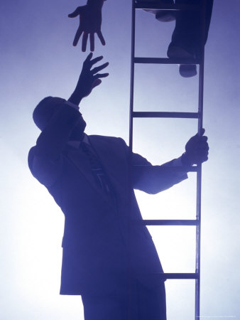 Silhouette Of Businessman Climbing Up Ladder by Chuck Carlton Pricing Limited Edition Print image