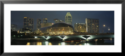 Buildings Lit Up At Night, Esplanade Bridge, Esplanade Drive, Singapore by Panoramic Images Pricing Limited Edition Print image