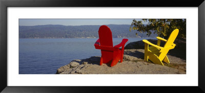 Red And Yellow Adirondack Chairs Near A Lake, Champlain Lake, Vermont, Usa by Panoramic Images Pricing Limited Edition Print image