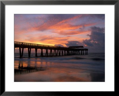 Pier At Sunrise With Reflections Of Clouds On Beach, Tybee Island, Georgia, Usa by Joanne Wells Pricing Limited Edition Print image