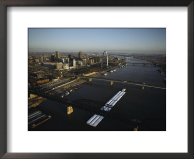 Aerial View Of Barges Traveling The Mississippi River Past St. Louis by Ira Block Pricing Limited Edition Print image