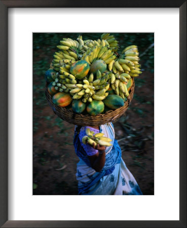 Local Woman Balancing Paw Paw And Bananas On Head At Market, Bangalore, Karnataka, India by Greg Elms Pricing Limited Edition Print image