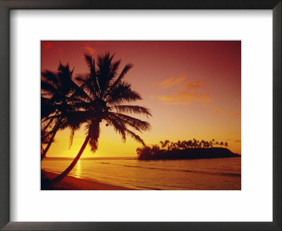 Silhouette Of Palm Trees And Desert Island At Sunrise, Rarotonga, Cook Islands, South Pacific by Dominic Webster Pricing Limited Edition Print image