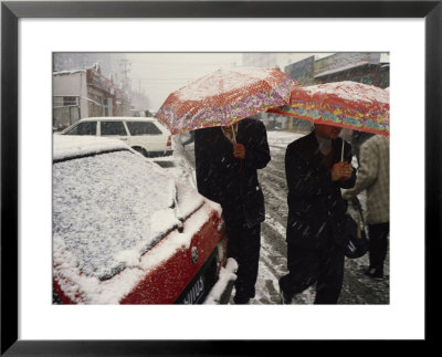 Muslim Uygur People Walk Through The Snow Under Umbrellas In Beijing by Eightfish Pricing Limited Edition Print image