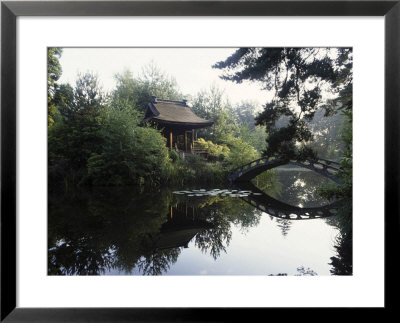 Japanese Garden At Tatton Park Temple At Pond With Bridge by Clive Boursnell Pricing Limited Edition Print image