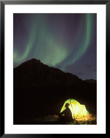 Northern Lights And Camper Outside Tent, Brooks Range, Arctic National Wildlife Refuge, Alaska, Usa by Steve Kazlowski Pricing Limited Edition Print image