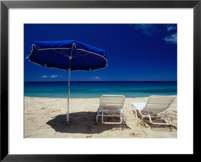 Blue Parasol And Beach Chairs On Manele Bay, Hulopoe Beach, Lanai, Hawaii, Usa by Karl Lehmann Pricing Limited Edition Print image
