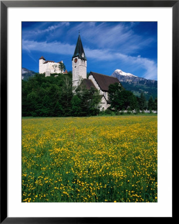 Field Of Flowers In Front Of Burg (Castle) Gutenburg And Church, Balzers, Liechtenstein by Martin Moos Pricing Limited Edition Print image