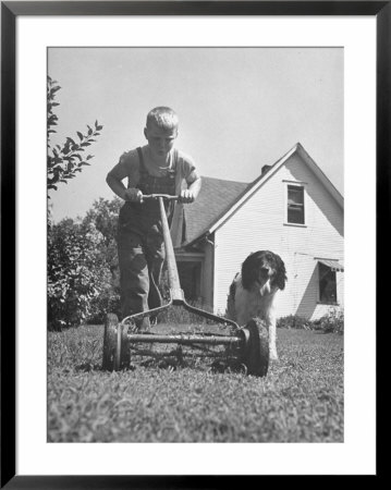 Young Boy Mowing The Lawn With A Simple Mower While His Dog Follows by Myron Davis Pricing Limited Edition Print image