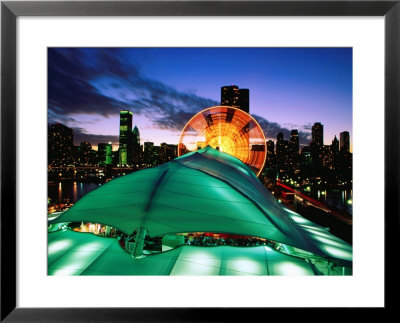 Overhead Of Navy Pier And Ferris Wheel With City Skyline At Dusk, Chicago, United States Of America by Richard Cummins Pricing Limited Edition Print image