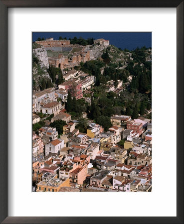 Aerial View Of Taormina, With Teatro Greco (Greek Ampitheatre) At Top, Taormina, Sicily, Italy by Stephen Saks Pricing Limited Edition Print image