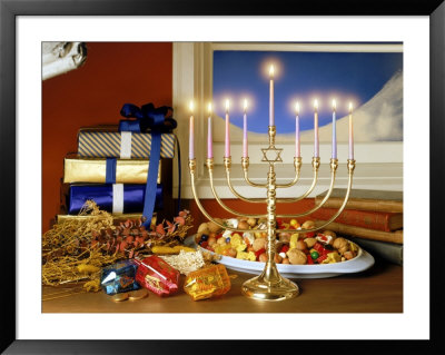 Menorah With Toys, Candy, And Gifts In Background by Shaffer & Smith Pricing Limited Edition Print image