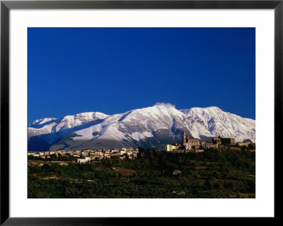 Town With Snow Covered Mountains In Background Tocco Da Casuaria, Abruzzo, Italy by John Hay Pricing Limited Edition Print image
