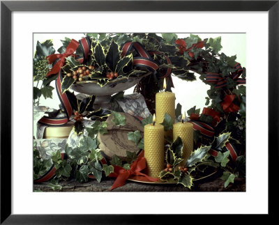 Christmas Arrangement With Holy And Ivy, Ribbons And Bees Wax Candles by Erika Craddock Pricing Limited Edition Print image