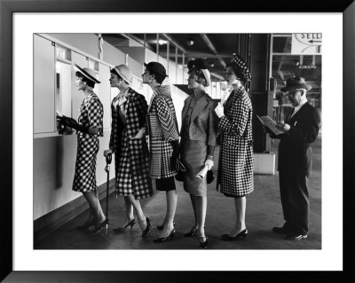 5 Models Wearing Fashionable Dress Suits At A Race Track Betting Window, At Roosevelt Raceway by Nina Leen Pricing Limited Edition Print image
