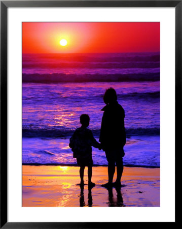 Sunset Silhouette Of Mom And Boy Along Coast by Russell Burden Pricing Limited Edition Print image