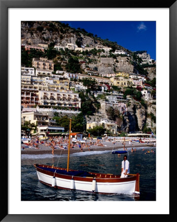 Boat Off Beach And Houses Terraced Into Hills, Positano, Italy by Dallas Stribley Pricing Limited Edition Print image