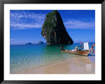 Tourist Boat On Shore Of Phra Nang Beach, Phra Nang Bay, Thailand by John Elk Iii Pricing Limited Edition Print image