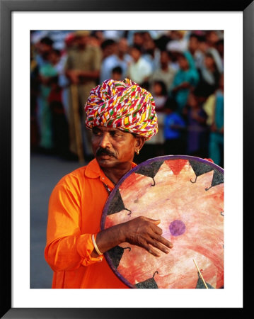 Rajastani Musician Playing Drum During Elephant Festival Parade, Jaipur, India by Paul Beinssen Pricing Limited Edition Print image
