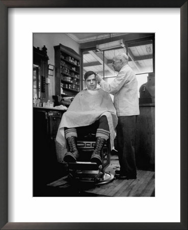 Elderly Barber Cutting Young Man's Hair by Yale Joel Pricing Limited Edition Print image