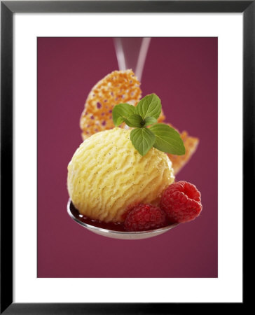 A Scoop Of Vanilla Ice Cream With Hot Raspberries On A Spoon by Marc O. Finley Pricing Limited Edition Print image