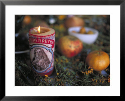 Altar Offering Decorated With Flowers, Fruit And A Candle For Day Of The Dead, Oaxaca, Mexico by Judith Haden Pricing Limited Edition Print image