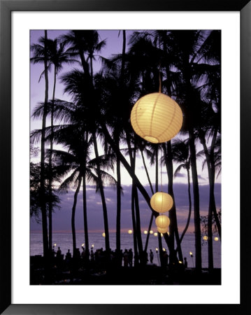 Palm Trees And Lanterns On Beach At Dusk, Big Island, Hawaii, Usa by John & Lisa Merrill Pricing Limited Edition Print image