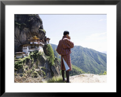 Bhutanese Man With Cell Phone, Taktshang Goemba (Tiger's Nest) Monastery, Paro, Bhutan by Angelo Cavalli Pricing Limited Edition Print image