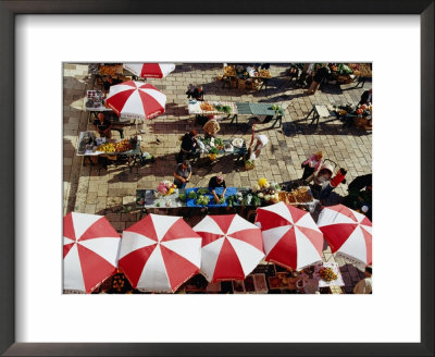 Overhead Of Umbrellas And Stalls At Gunduliceva Poljana Market, Dubrovnik, Croatia by Richard Nebesky Pricing Limited Edition Print image