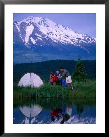 Father And Children By Tent With Mt. Shasta In The Background, Mt. Shasta, Usa by Mark & Audrey Gibson Pricing Limited Edition Print image