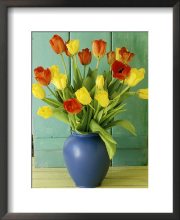 Spring Arrangement, Tulipa In Blue Vase Against Green Door by Lynne Brotchie Pricing Limited Edition Print image