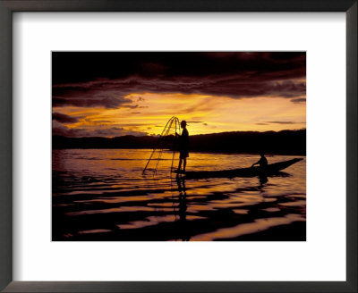 Intha Fisherman Rowing Boat With Legs At Sunset, Myanmar by Keren Su Pricing Limited Edition Print image