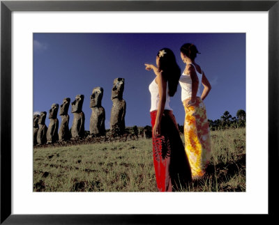 Polynesian Girls With Huge Moai, Ahu Akiri, Easter Island, Chile by Keren Su Pricing Limited Edition Print image