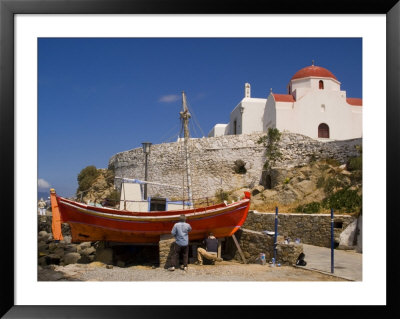 Boat Being Paint On Waterfront, Mykonos Island, Southern Aegean, Greece by Diana Mayfield Pricing Limited Edition Print image