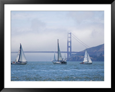 Sailing Boats With The Golden Gate Bridge And Summer Fog In Background, San Francisco, California by Roberto Gerometta Pricing Limited Edition Print image