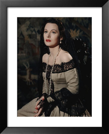 Hedy Lamarr In Black Lace Mantilla, Lace Trimmed Dress, Long Pearl Necklace And Pearl Drop Earrings by Eliot Elisofon Pricing Limited Edition Print image