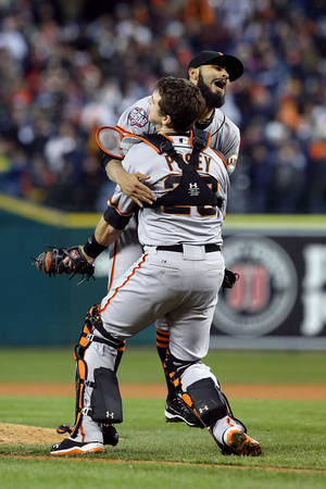 Detroit, Mi - Oct 28: Detroit Tigers V Sf Giants - Sergio Romo, Buster Posey And Miguel Cabrera by Ezra Shaw Pricing Limited Edition Print image