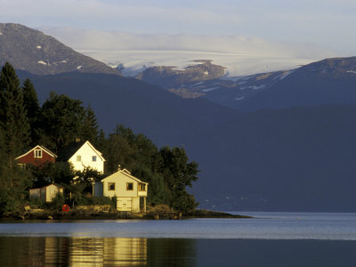 Mountain And Houses Reflecting In Fjord Waters, Norway by Michele Molinari Pricing Limited Edition Print image