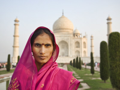 Indian Woman Stands In Front Of The Taj Mahal by Scott Stulberg Pricing Limited Edition Print image
