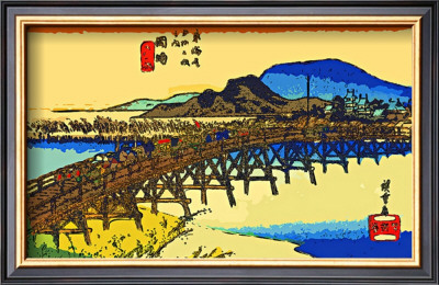 Yahagi Bridge With Okazaki Castle In Background by Hiroshige Ii Pricing Limited Edition Print image